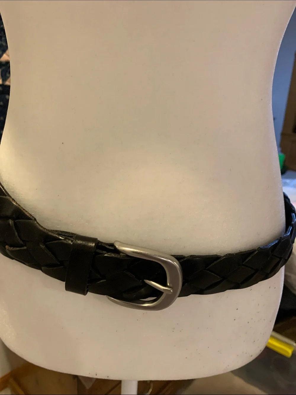 Braided Black Leather Men’s Belt with Brushed Silver Buckle 38